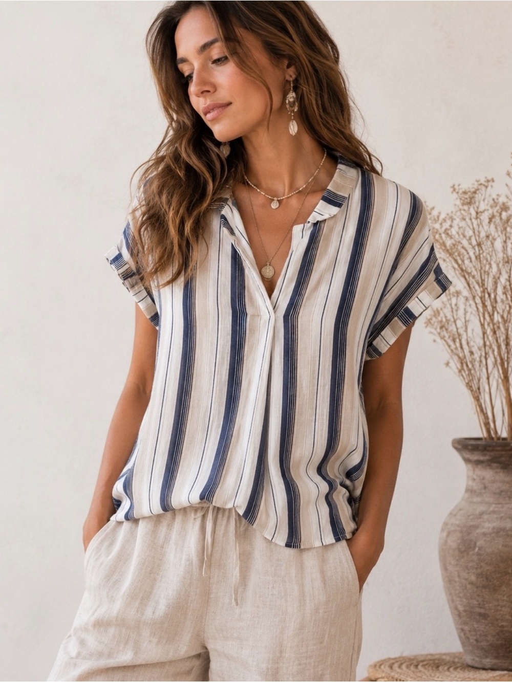 Via Vitale 100% Linen Striped Button Front Blouse Large | Made in Italy 🇮🇹